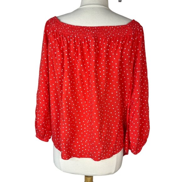 Maurices Off Shoulder Blouse Shirt Womens 1X Orange Polkadots Embroidered - Picture 4 of 10